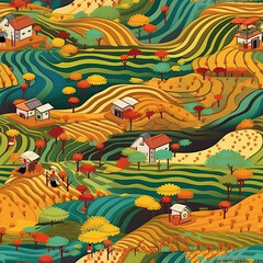 Agricultural fields seamless repeat pattern - fantasy colorful cubism, abstract art [Generative AI]
