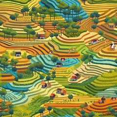 Agricultural fields seamless repeat pattern - fantasy colorful cubism, abstract art [Generative AI]
