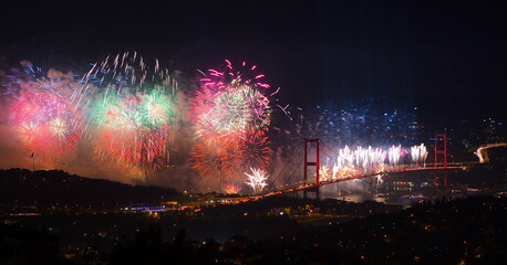 Fototapeta na wymiar Fireworks over Bosphorus Strait during Turkish Republic day celebrations