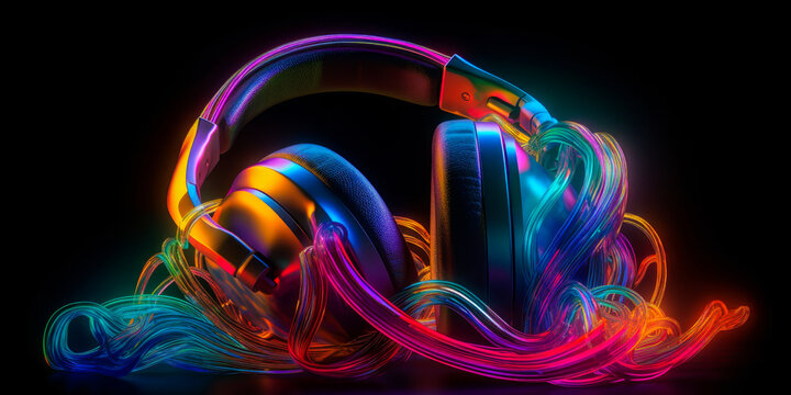 Stunning neon headphones image with vibrant swirling colors, evoking the immersive and transformative experience of iconic 80s music hits. Emotionally captivating for viewers. Generative AI