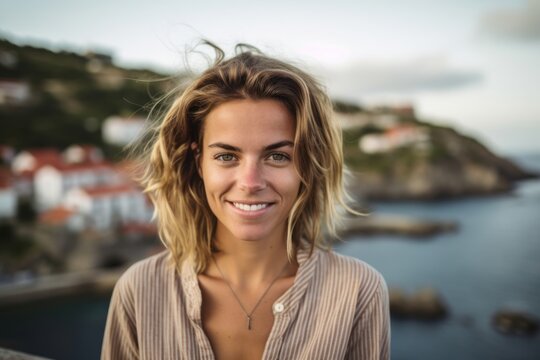 Headshot portrait photography of a happy girl in her 30s building or repairing something against a scenic coastal village background. With generative AI technology