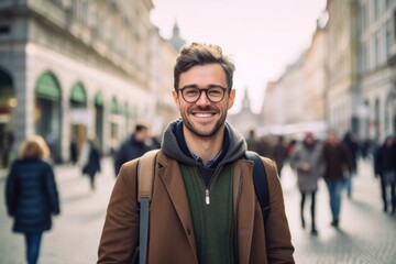 Medium shot portrait photography of a grinning boy in his 30s walking against a bustling city square background. With generative AI technology