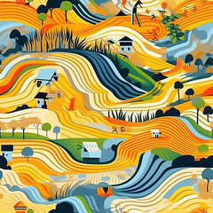 Agricultural fields seamless repeat pattern - fantasy colorful cubism, abstract art [Generative AI]
