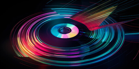 Image of a spinning vinyl record emitting a kaleidoscope of light. Represents the unique blend of 80s music and its enduring legacy. Generative AI