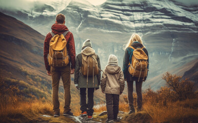 Family walk with backpacks in the mountains , Travel concept