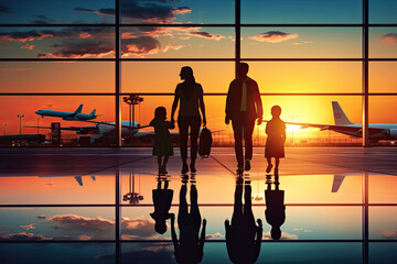 Family walking at an airport at sunset , Travel concept