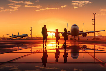 Family walking at an airport at sunset , Travel concept