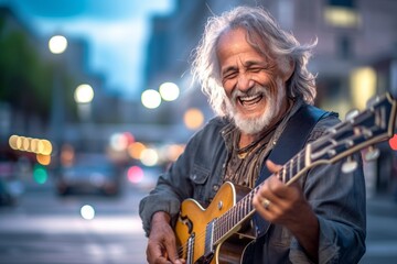 Close-up portrait photography of a grinning mature man playing the guitar against a lively downtown...