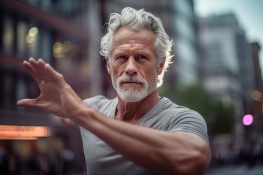 Close-up portrait photography of a glad mature man practicing yoga against a lively downtown street background. With generative AI technology
