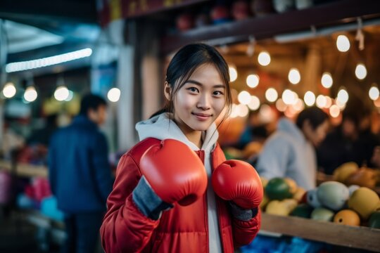 Medium shot portrait photography of a grinning girl in her 30s practicing boxing against a bustling outdoor bazaar background. With generative AI technology