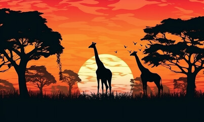 Fototapeta na wymiar elephant wild nature silhouette wildlife africa sunset safari animal giraffe. Generative AI.
