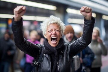 Medium shot portrait photography of a happy mature woman celebrating with his fists against a bustling trainplatform background. With generative AI technology