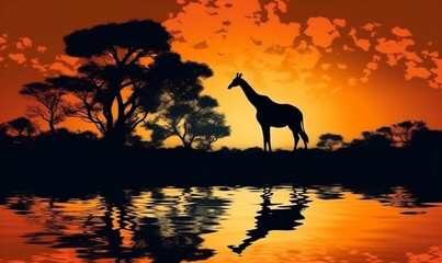 animal silhouette wild elephant safari nature wildlife giraffe africa sunset. Generative AI.