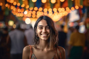 Photo sur Plexiglas Magasin de musique Close-up portrait photography of a satisfied girl in her 30s dancing against a bustling indoor market background. With generative AI technology