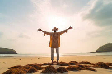 Fototapeta premium Male person in hat on beach with arms up. Travel concept.