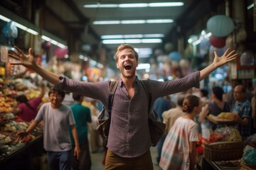 Close-up portrait photography of a glad boy in his 30s jumping with hands up against a bustling indoor market background. With generative AI technology