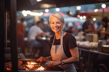 Headshot portrait photography of a satisfied mature woman cooking on a grill against a bustling indoor market background. With generative AI technology
