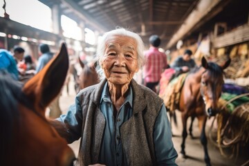Headshot portrait photography of a satisfied old woman riding a horse against a bustling indoor market background. With generative AI technology