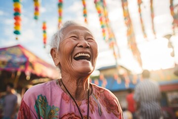 Headshot portrait photography of a joyful old woman laughing against a lively festival ground background. With generative AI technology