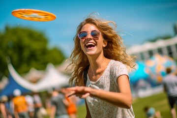 Medium shot portrait photography of a joyful girl in her 30s throwing frisbee against a bustling art fair background. With generative AI technology