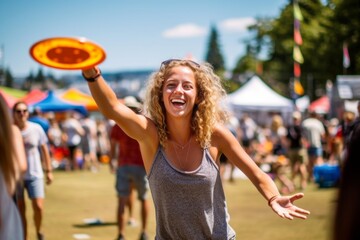 Medium shot portrait photography of a joyful girl in her 30s throwing frisbee against a bustling art fair background. With generative AI technology