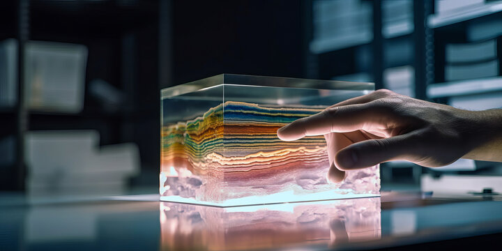 Captivating image of a man's hand skillfully interacting with holographic geological layers, evoking a digital simulation of Earth's geology for an immersive experience. Generative AI