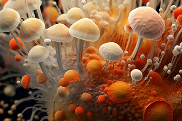 close up texture of neutral tone mushroom spores molecules created with AI generative tools