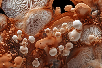 close up texture of neutral tone mushroom spores molecules created with AI generative tools
