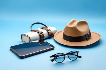Several travel items on a blue background. Travel concept. Generative AI