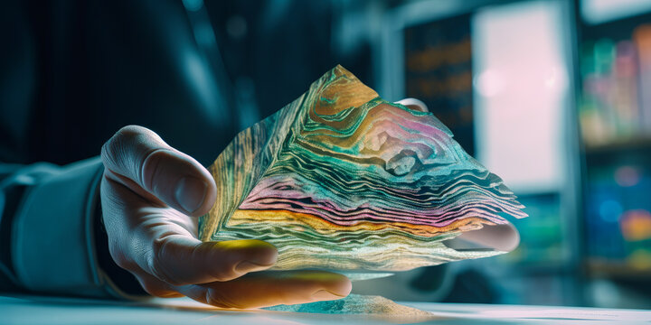 Captivating image of a man's hand skillfully maneuvering holographic geological layers in a digital Earth geology simulation at a geology laboratory. Emotionally stirring! Generative AI