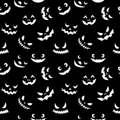 Line art doodle simple seamless pattern with different spooky creepy funny eyes and smiles halloween party backdrop.On black background