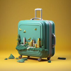 Suitcase on a teal blue background, travel concept, AI Generated.