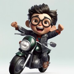 Obraz na płótnie Canvas Beautiful boy cartoon style, riding my motorcycle with the wind in my face - generative AI illustration