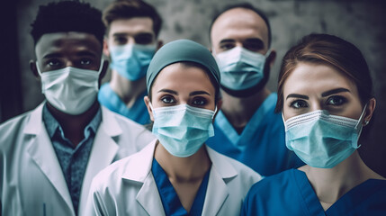 Professional doctors team in mask and uniform looking at camera, hospital work.Сreated with Generative AI technology.
