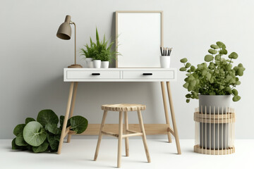 Scandinavian wooden work desk mockup with stool and blank walls. Green indoor plant, wooden desk basket, and white wood floors. Generative AI
