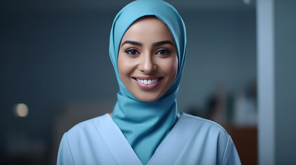 Portrait of a young Muslim woman nurse standing in the hall of the hospital dressed in a hijab, wearing medical uniform. ?reated with Generative AI technology.