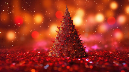 Christmas tree on wood table with red glitter background. Generative ai