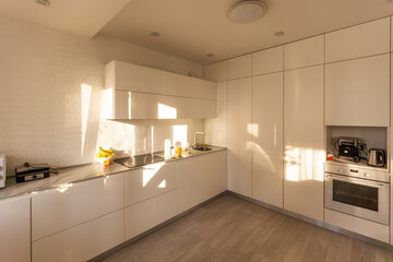 Kitchen with light walls, white furniture and shelves with crockery and plants in pots, small refrigerator in dining room scandinavian design, empty space. Modern interior with sunbeams on the floor