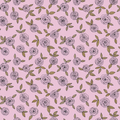 Floral hand drawn doodle black line art roses with golden leaves as seamless botanical pattern on pink background for print, wrapper, cards,invitations.