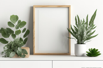 Poster mockup with a green plant and wooden frames on white. Generative AI