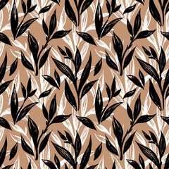 Stylized abstract seamless pattern with leaves and branches for fabric design, packaging and wallpaper.