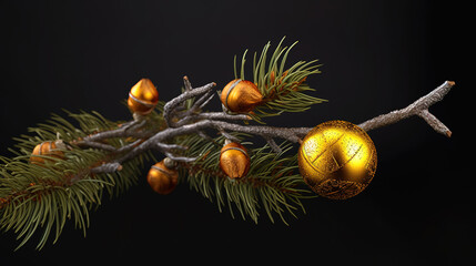 Image of ball and golden tinsel on the piny branch. Generative ai