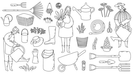 Big garden outline vector set with gardeners, cart, gloves, scissors, watering can, plants and other.