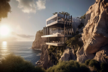 Generative AI illustration of Luxury house facing the sea with glass terraces and recycled materials