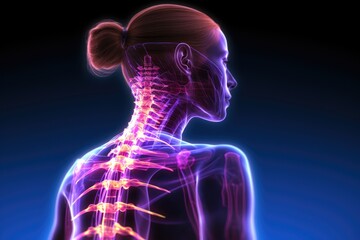 Human body with a highlited spine - concept of back pain created using generative Ai tools