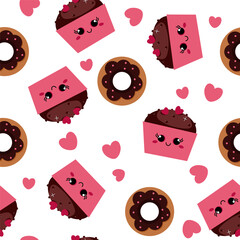 Seamless pattern of chocolate pancakes donuts and hearts
