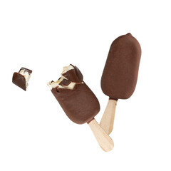 Chocolate covered ice cream bar on stick with condensation, whole and bitten flying on white