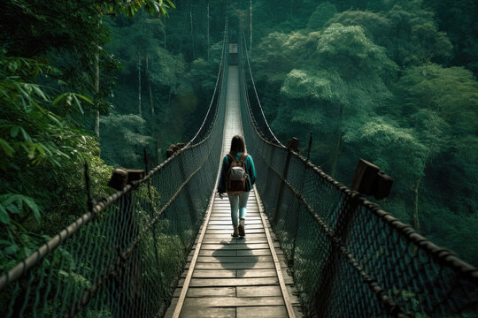 Fototapeta Woman walking on a suspension bridge through the forest , Travel concept