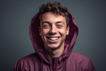 Lifestyle portrait photography of a grinning boy in his 30s wearing a lightweight windbreaker against a minimalist or empty room background. With generative AI technology