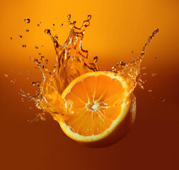 half orange with juice splashing over it. generative, ai